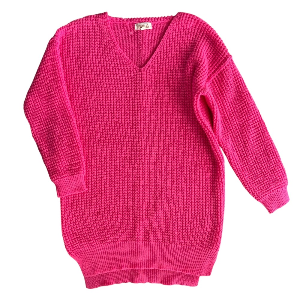 Listicle Women M Hot Pink Waffle Knit V Neck Oversized Long Sleeve Sweater Dress